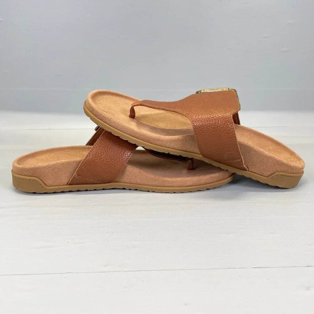 Vionic Emma Sandals Womens Size 6 Wide Tan Brown Pebbled Leather Flip Flop Shoes